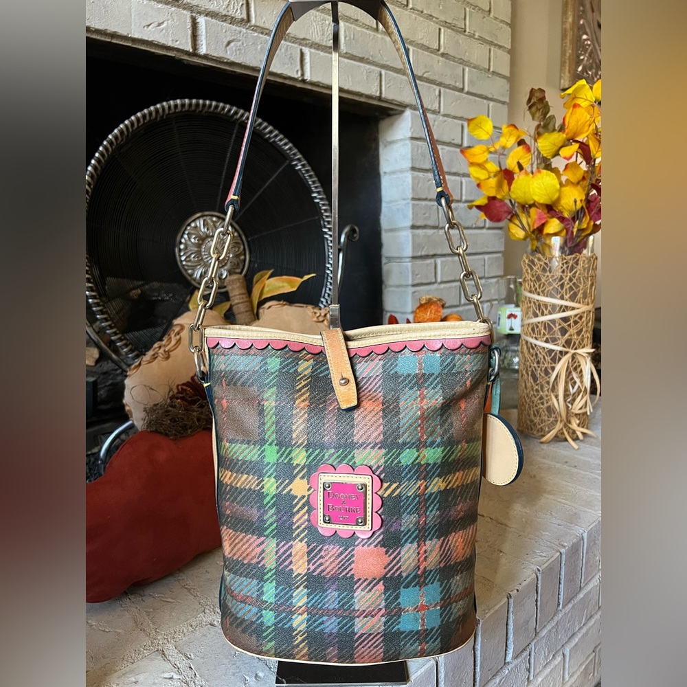 Dooney & Bourke Multicolor Rainbow Tartan Plaid Shoulder Bucket Bag - Picture 5 of 16